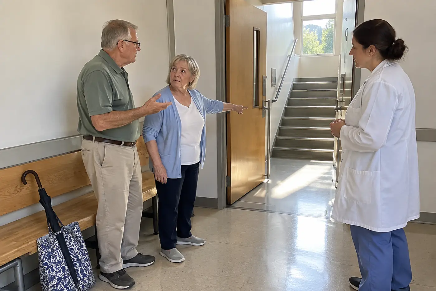 Older woman pointing to her stairs while discussing therapy with a doctor.