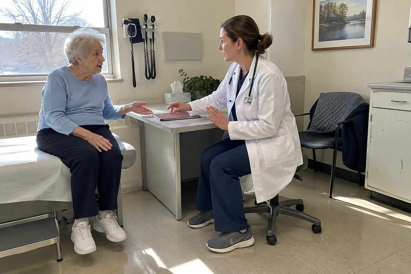 Older woman asking a doctor about a test order in an exam room.