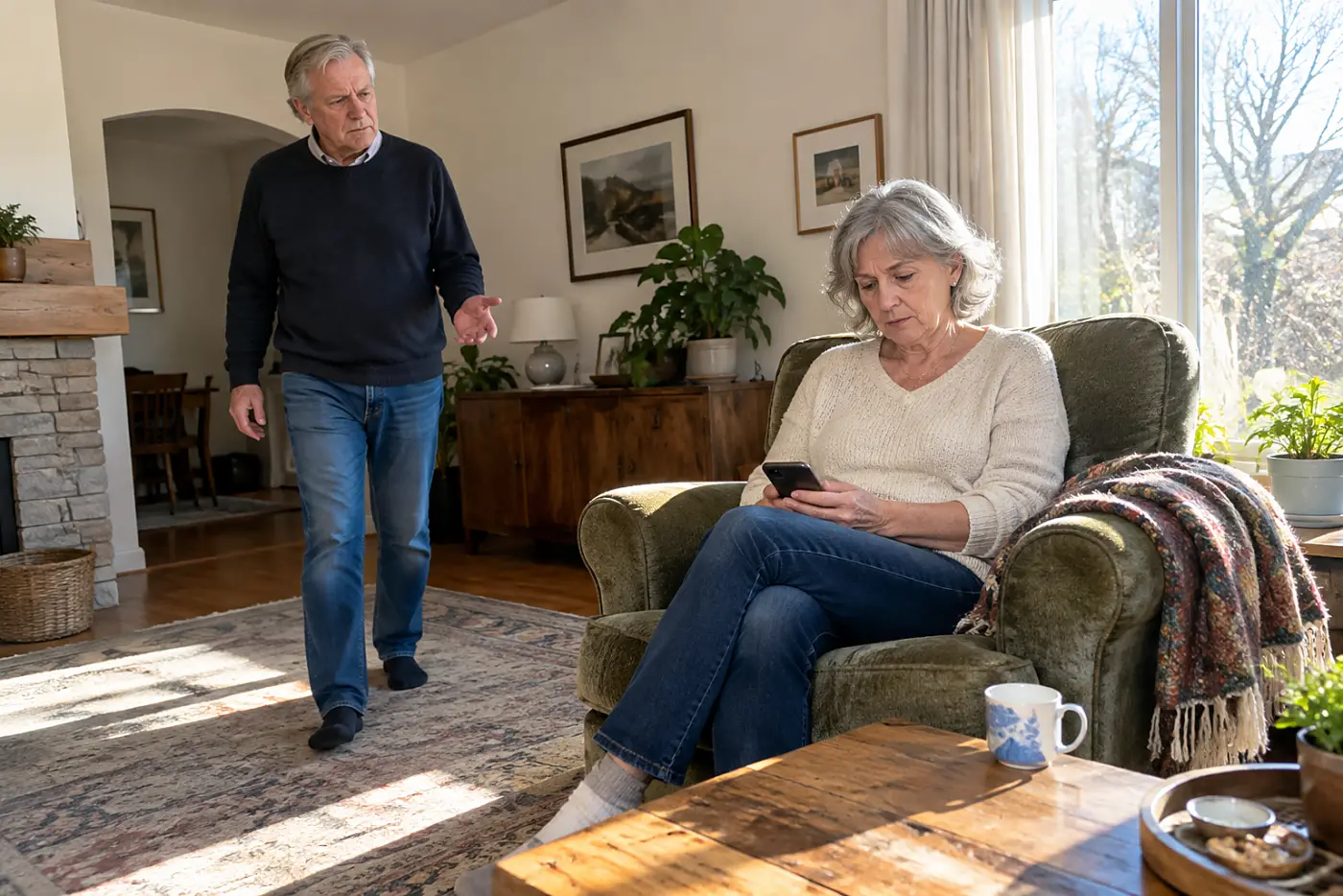 Older woman reading a lab result on her phone at home.