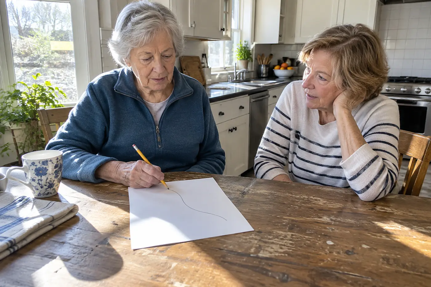 Older woman drawing the path of leg pain on paper at her kitchen table.