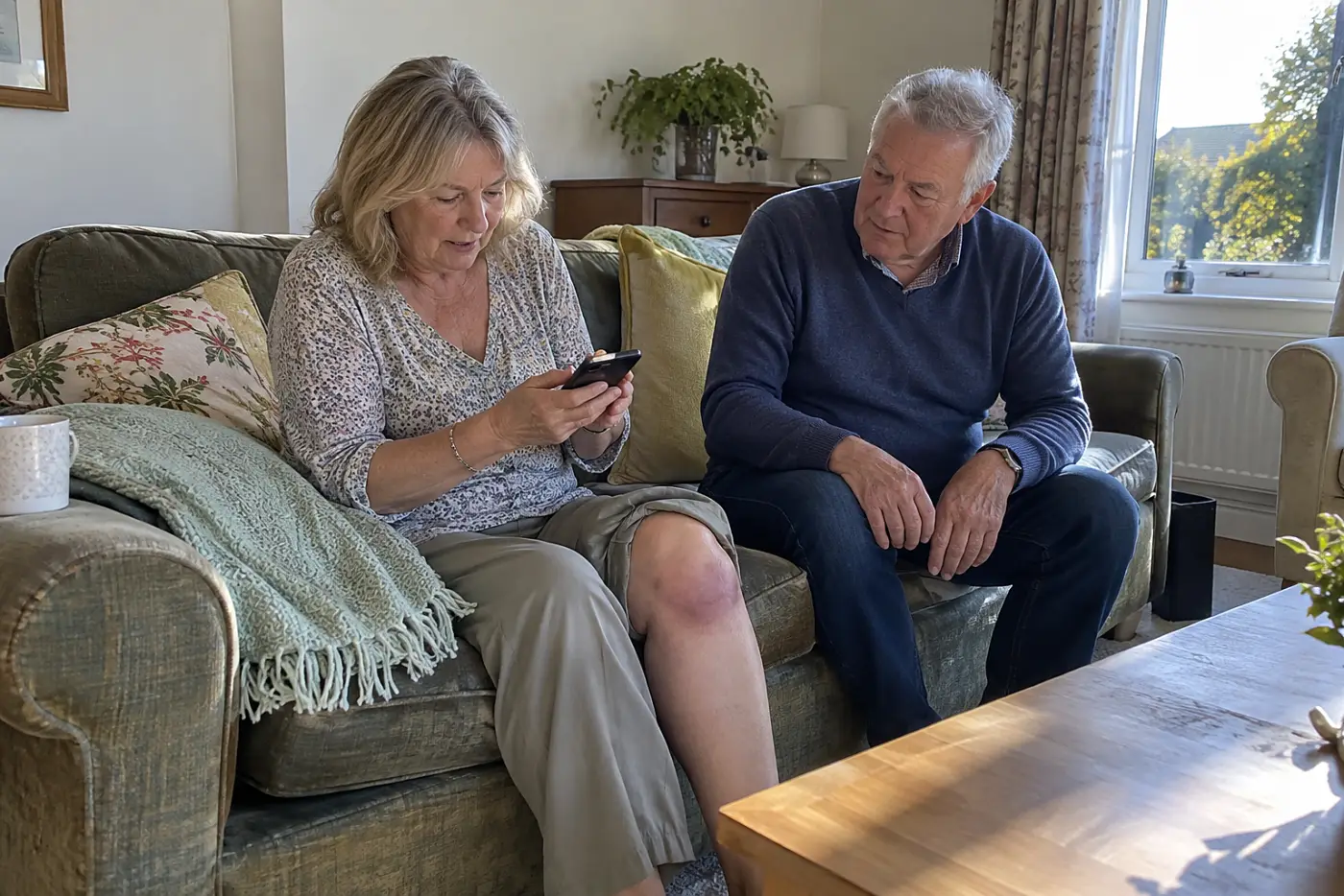 Older woman photographing her swollen knee while seated on her sofa.