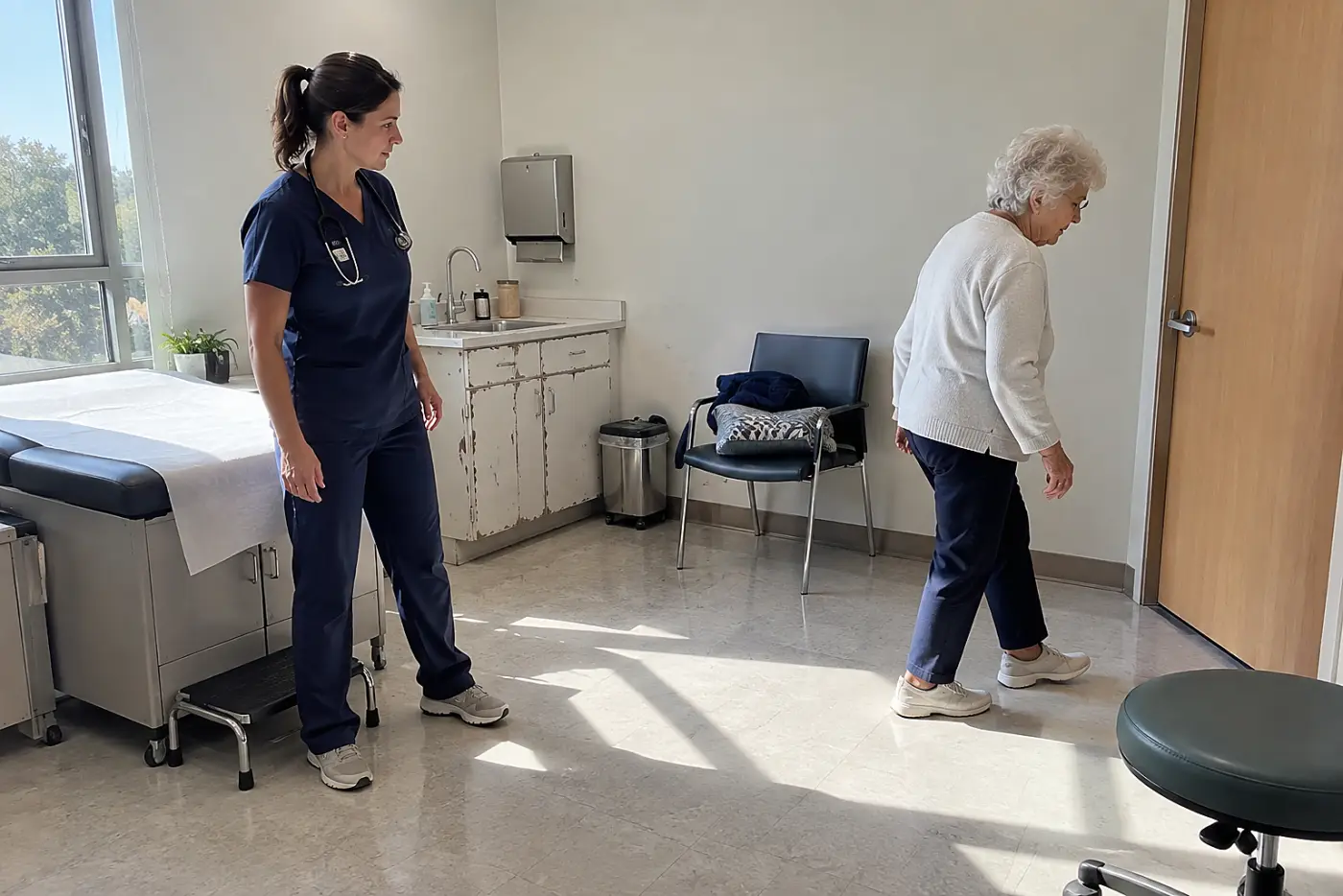 Older woman walking across an exam room while a clinician observes.