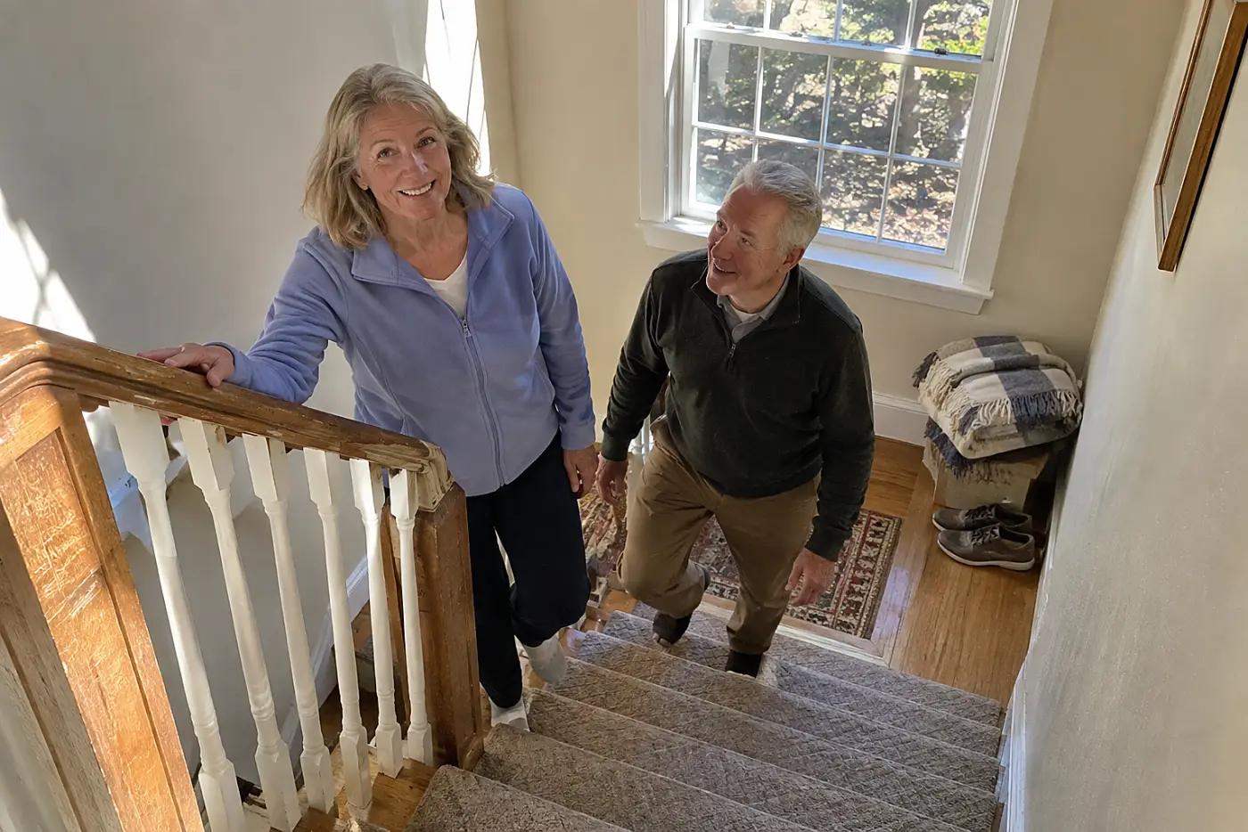 Older woman pausing on a staircase with one hand on the rail at home.