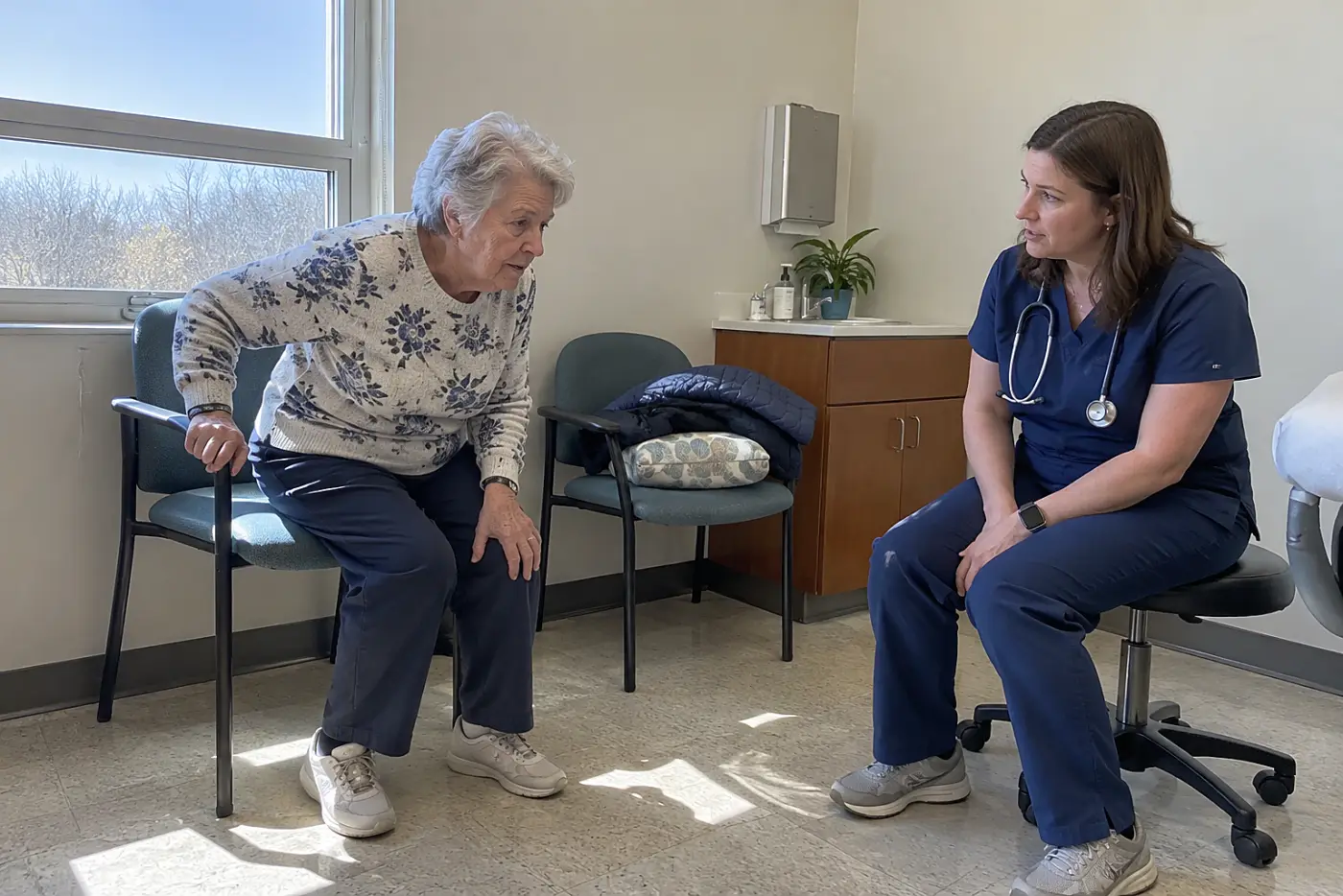 Older woman trying to rise from a chair while a clinician watches in an exam room.