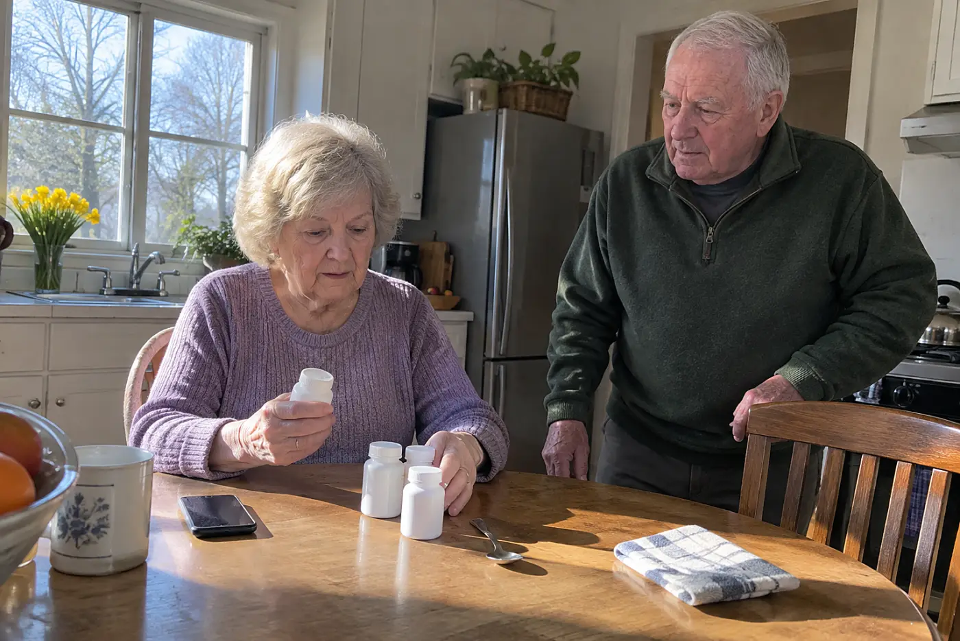 Older woman arranging medicine bottles beside her phone on a kitchen table.