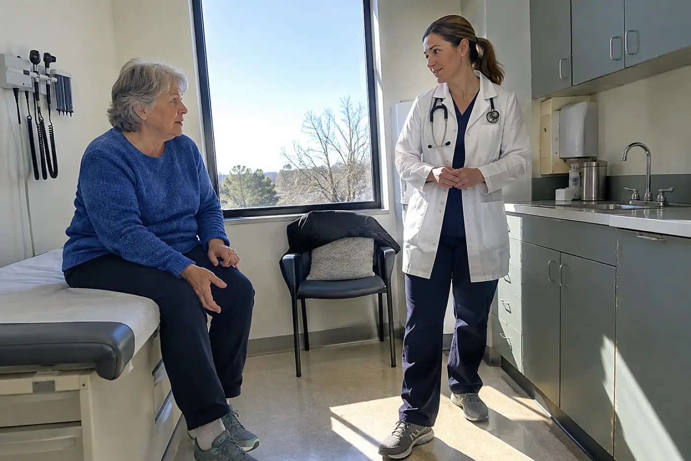 Older woman asking a doctor about an exam finding in a clinic room.