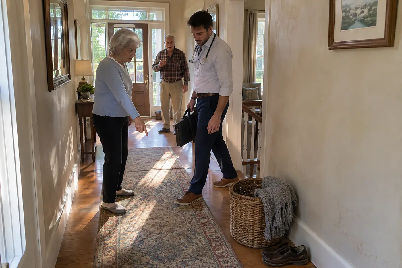 Older woman showing a doctor where she fell in her hallway.