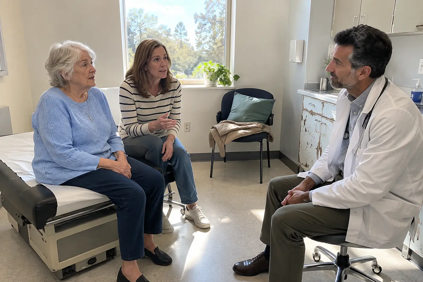 Older woman speaking to a doctor while her daughter sits beside her in an exam room.