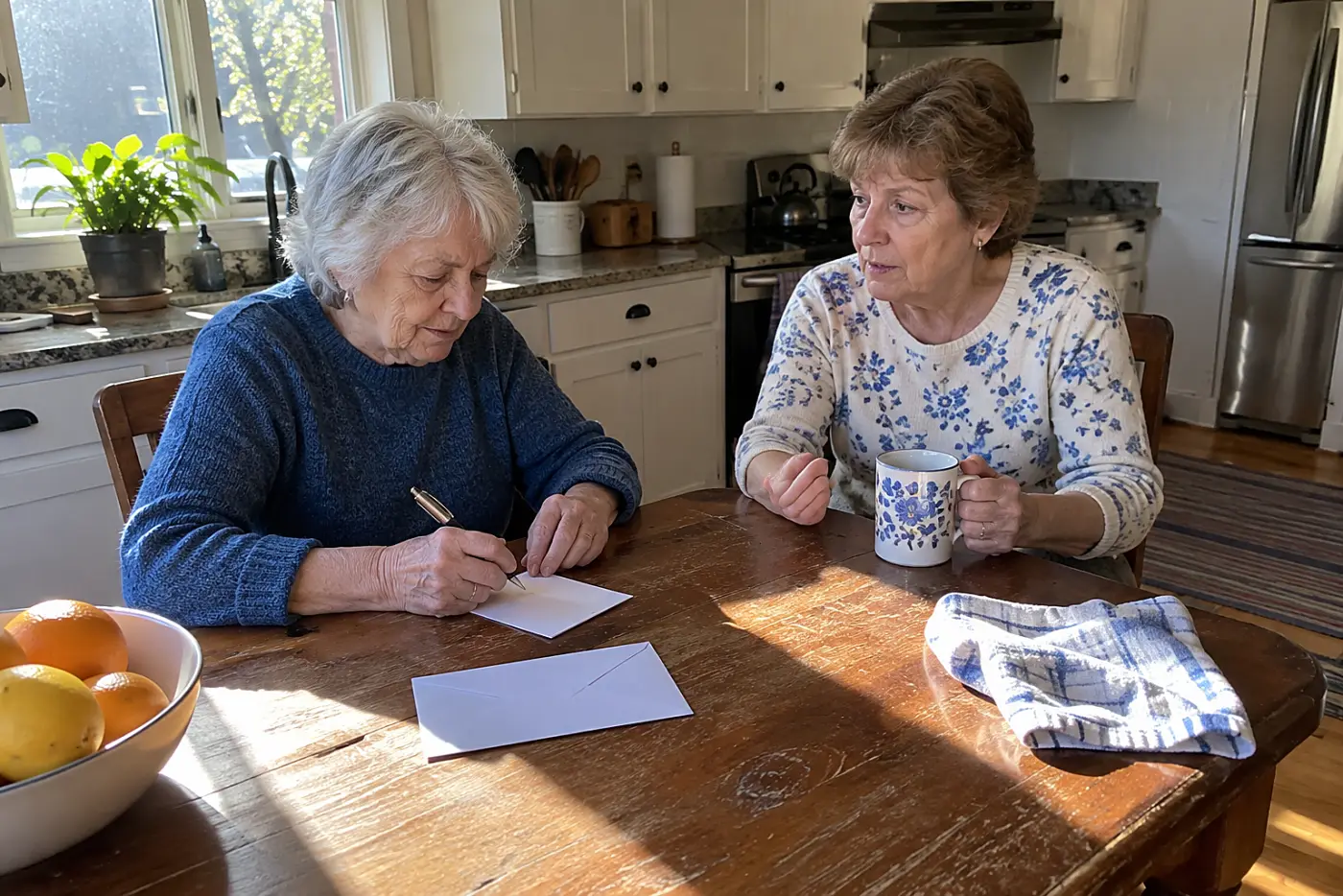 Older woman writing down a missed bill payment at her kitchen table.
