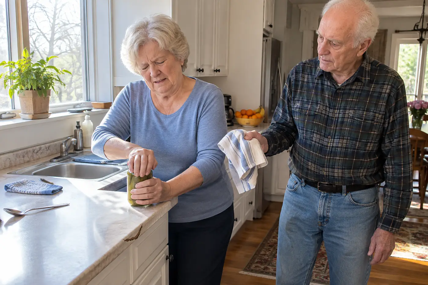 Older woman turning a jar lid with a sore wrist at her kitchen counter.