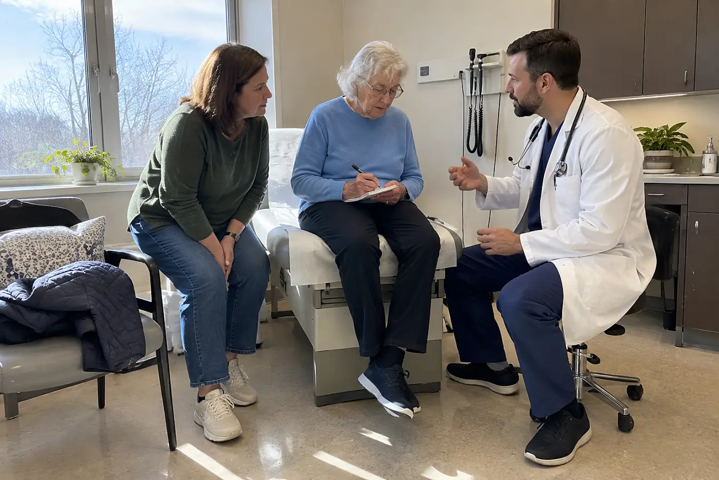 Older woman writing return instructions in a notebook during a doctor visit.