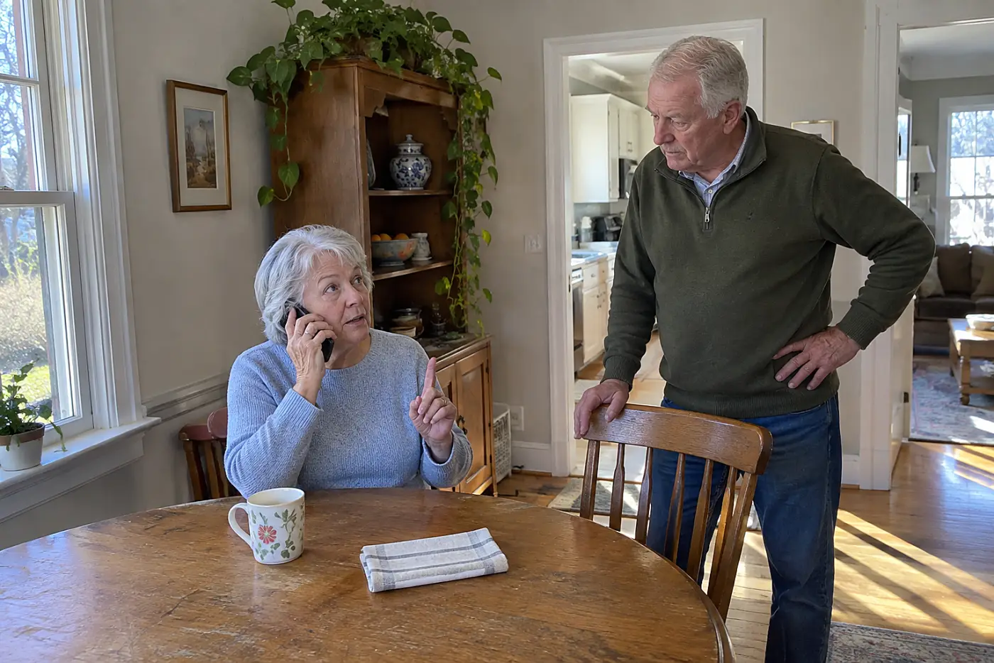 Older woman calling a specialist’s office from her dining table.