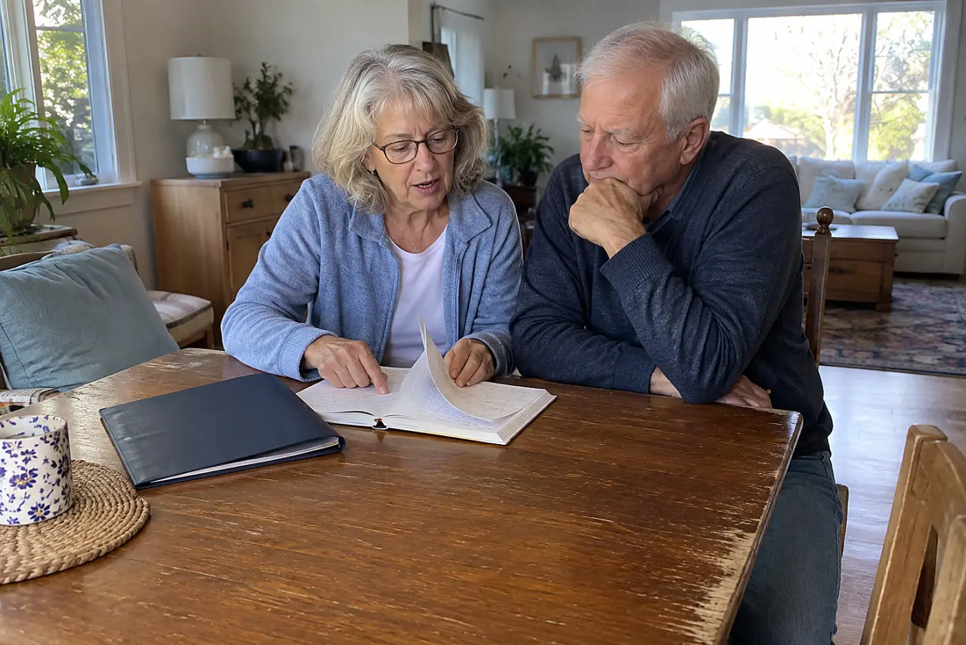 Older woman comparing a clinic note with her notebook at home.