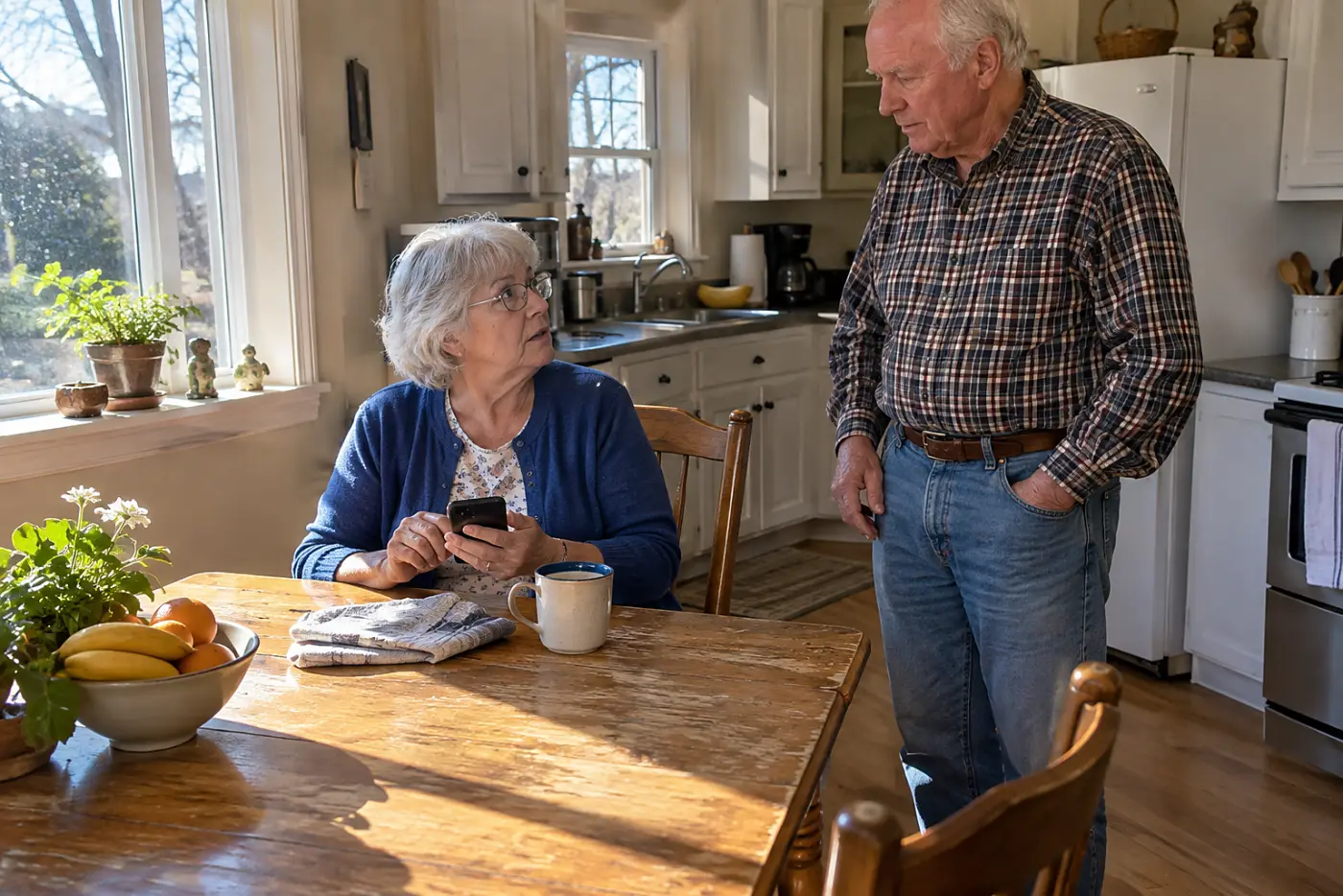 Older woman typing a portal message on her phone at her kitchen table.