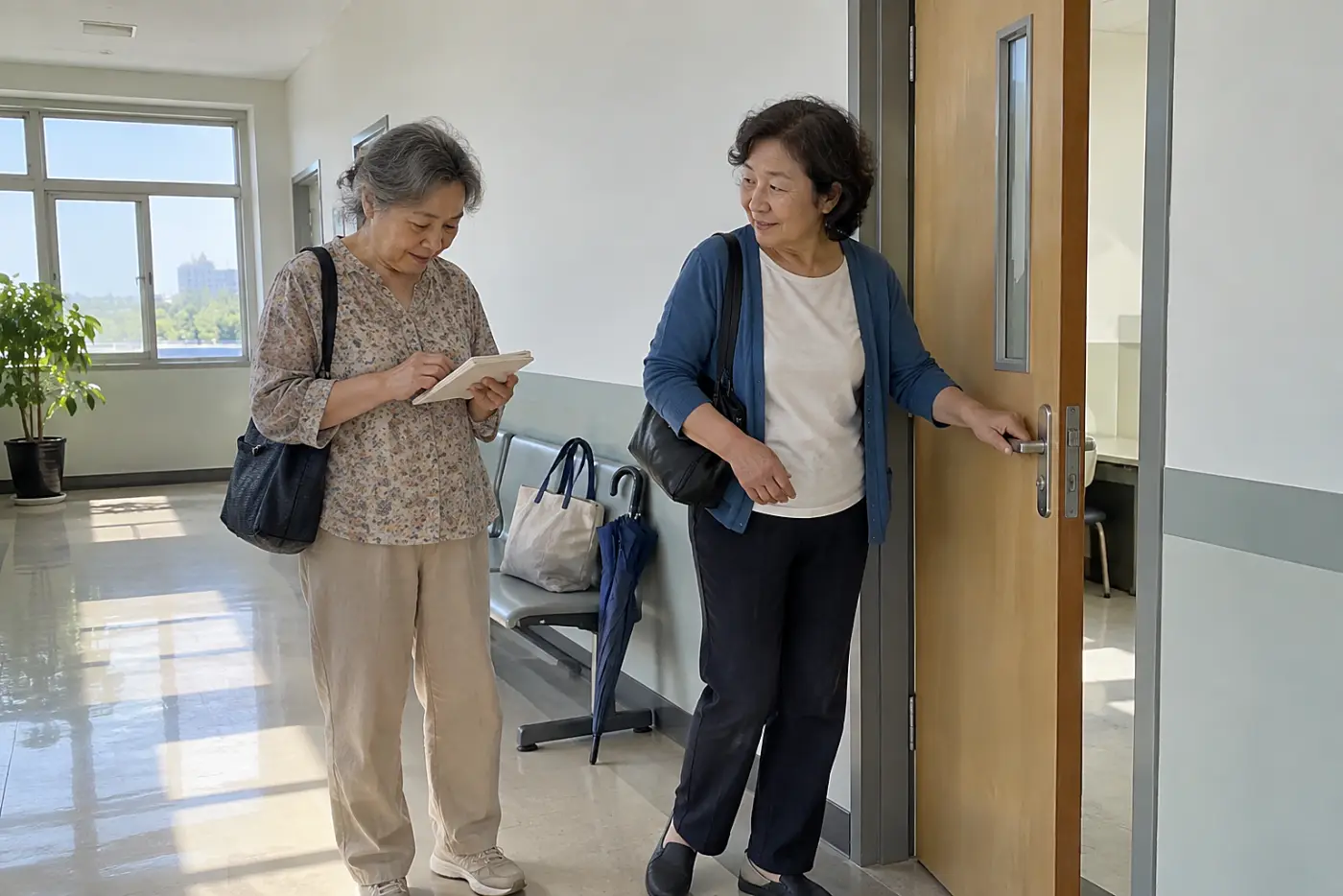 Older woman checking two questions in a notebook outside an exam room.