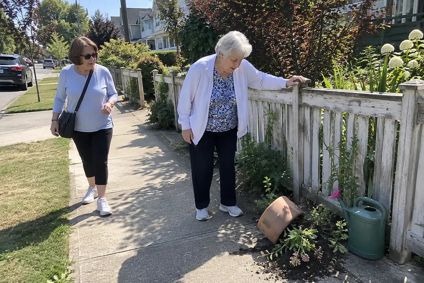 Older woman stopping during a walk on a neighborhood sidewalk.