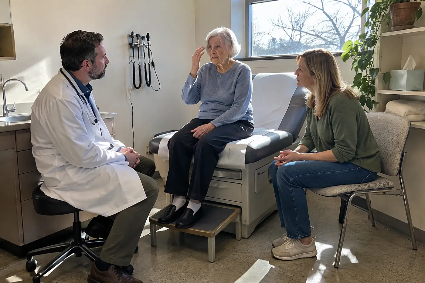 Older woman speaks to a clinician as her daughter listens from a chair beside the exam table.