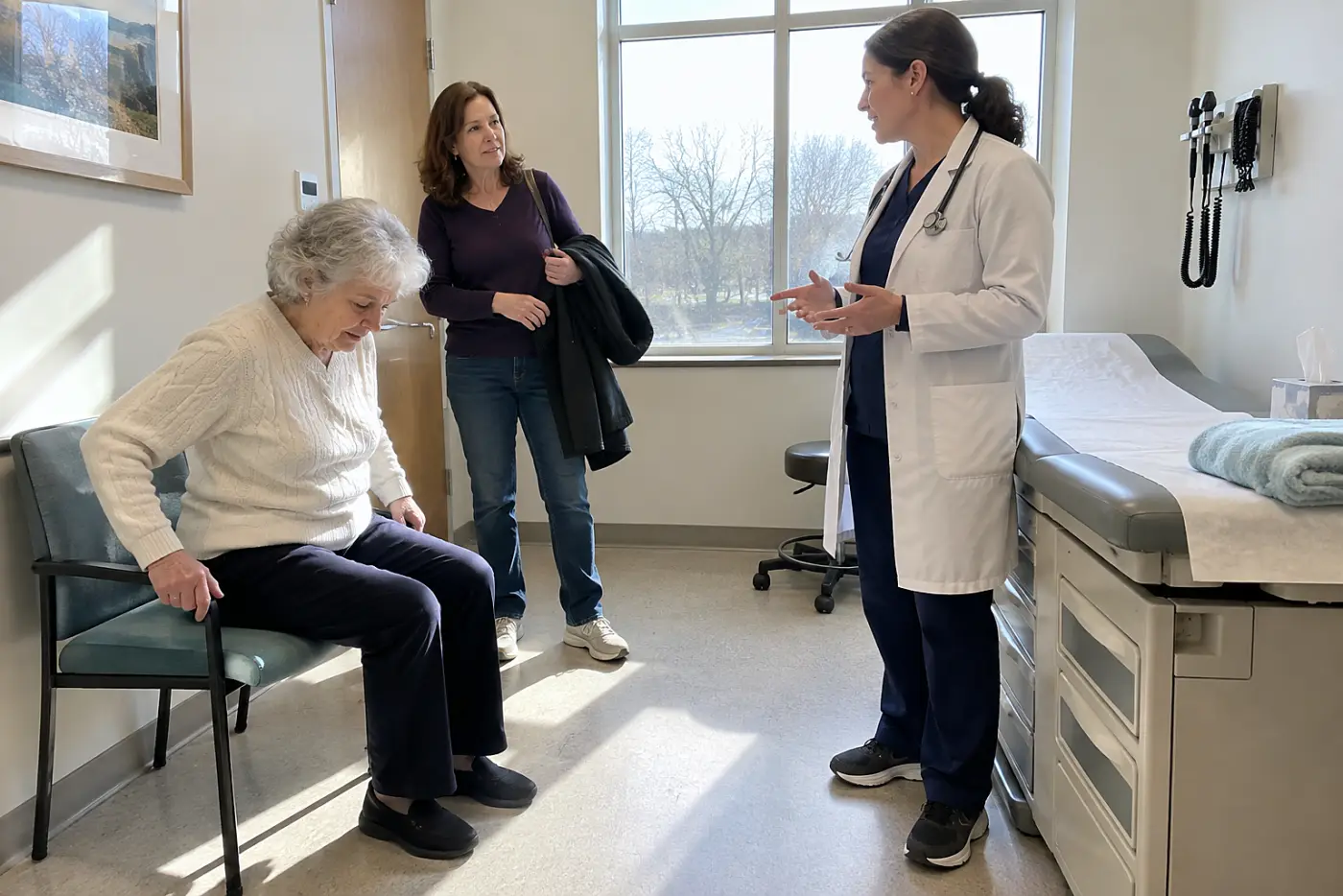 Older woman sits back down to hear instructions while her daughter waits near the exam room door.