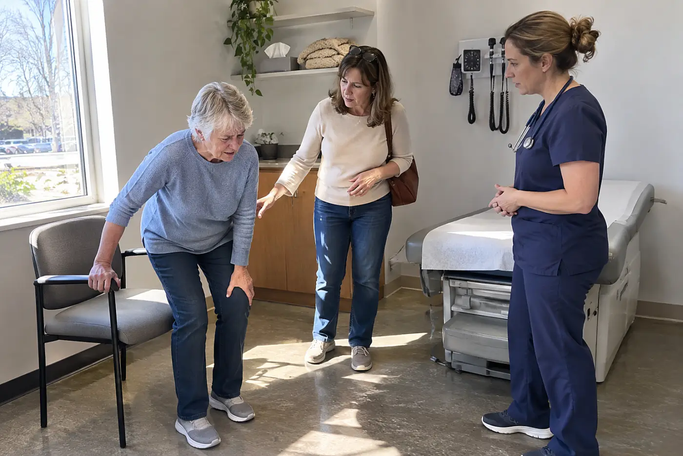 Older woman describes knee pain to a clinician while her daughter listens beside an exam table.