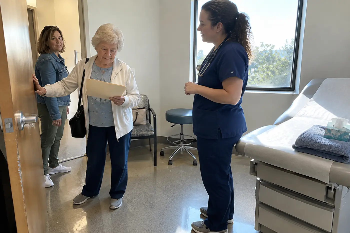 Older woman checks a printed after-visit summary before leaving an exam room.