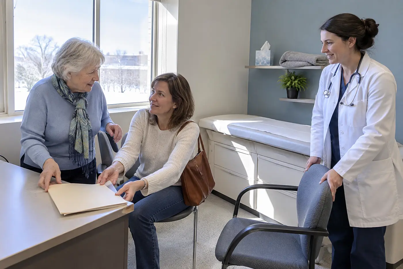 Older woman places her health care proxy on an exam room desk beside her daughter.