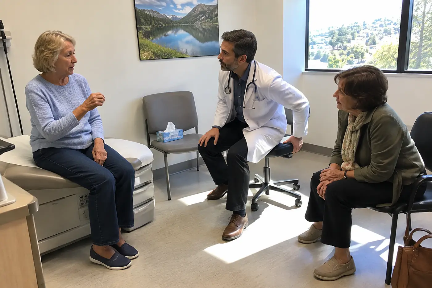 Older woman asking a doctor a question in an exam room.