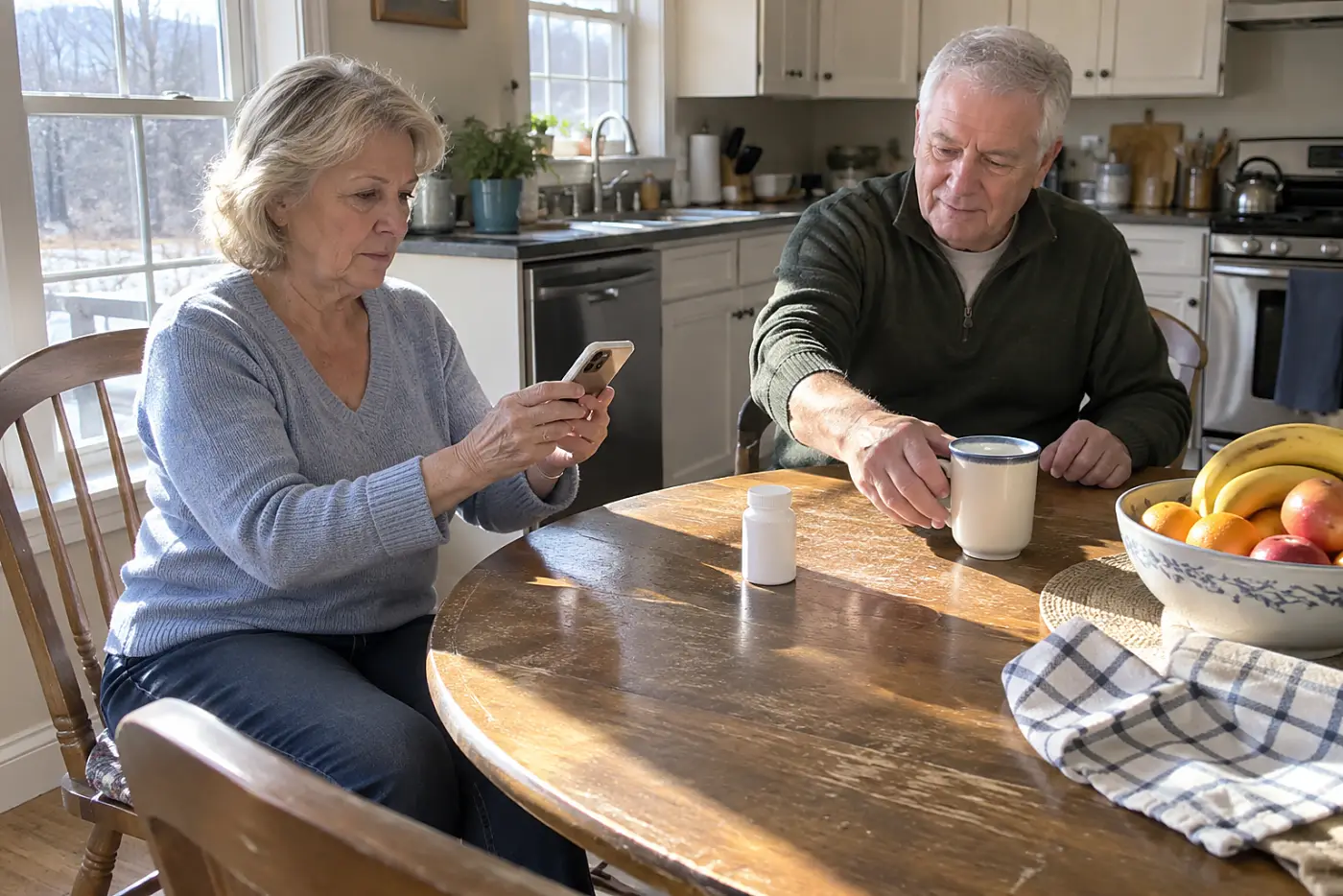 Older woman photographing a prescription bottle on her kitchen table.