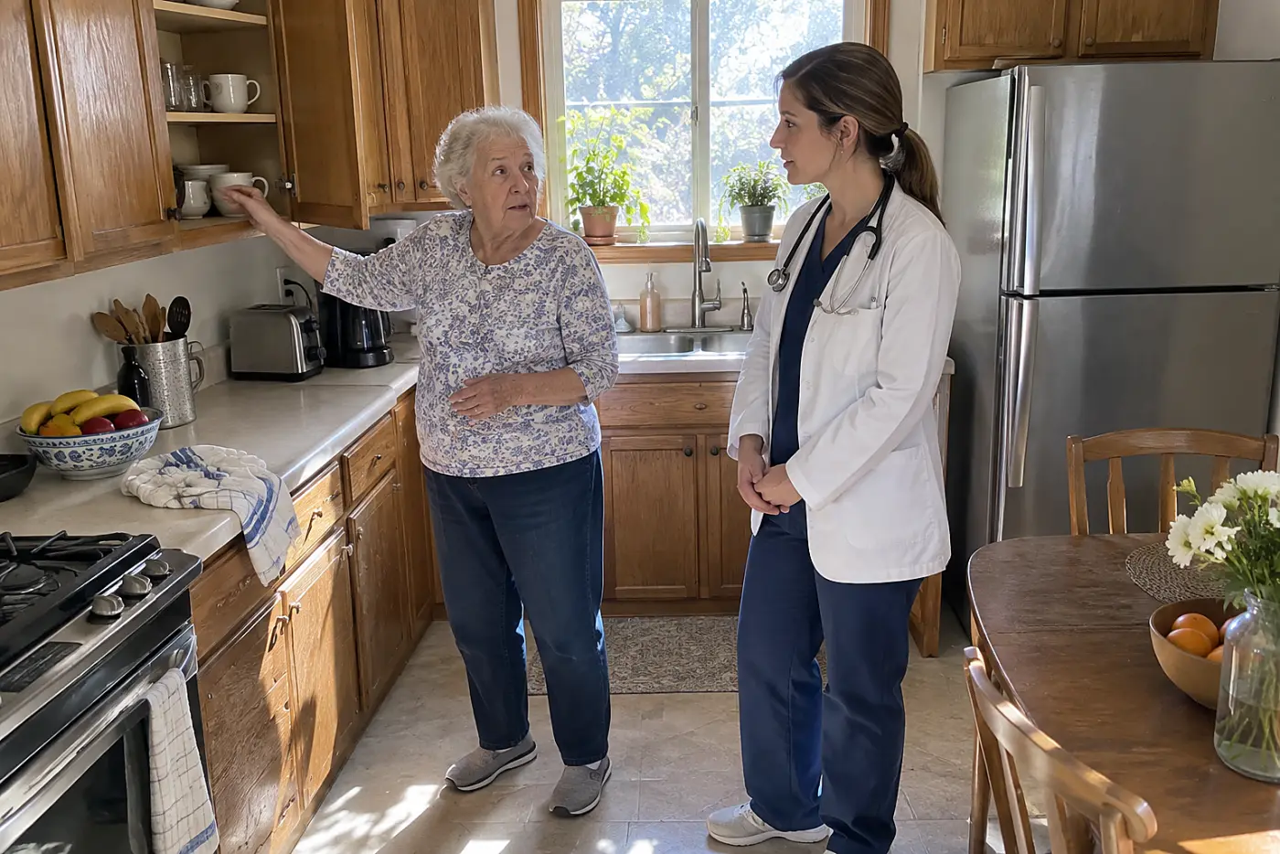 Older woman pointing to a kitchen cabinet while speaking with a doctor.