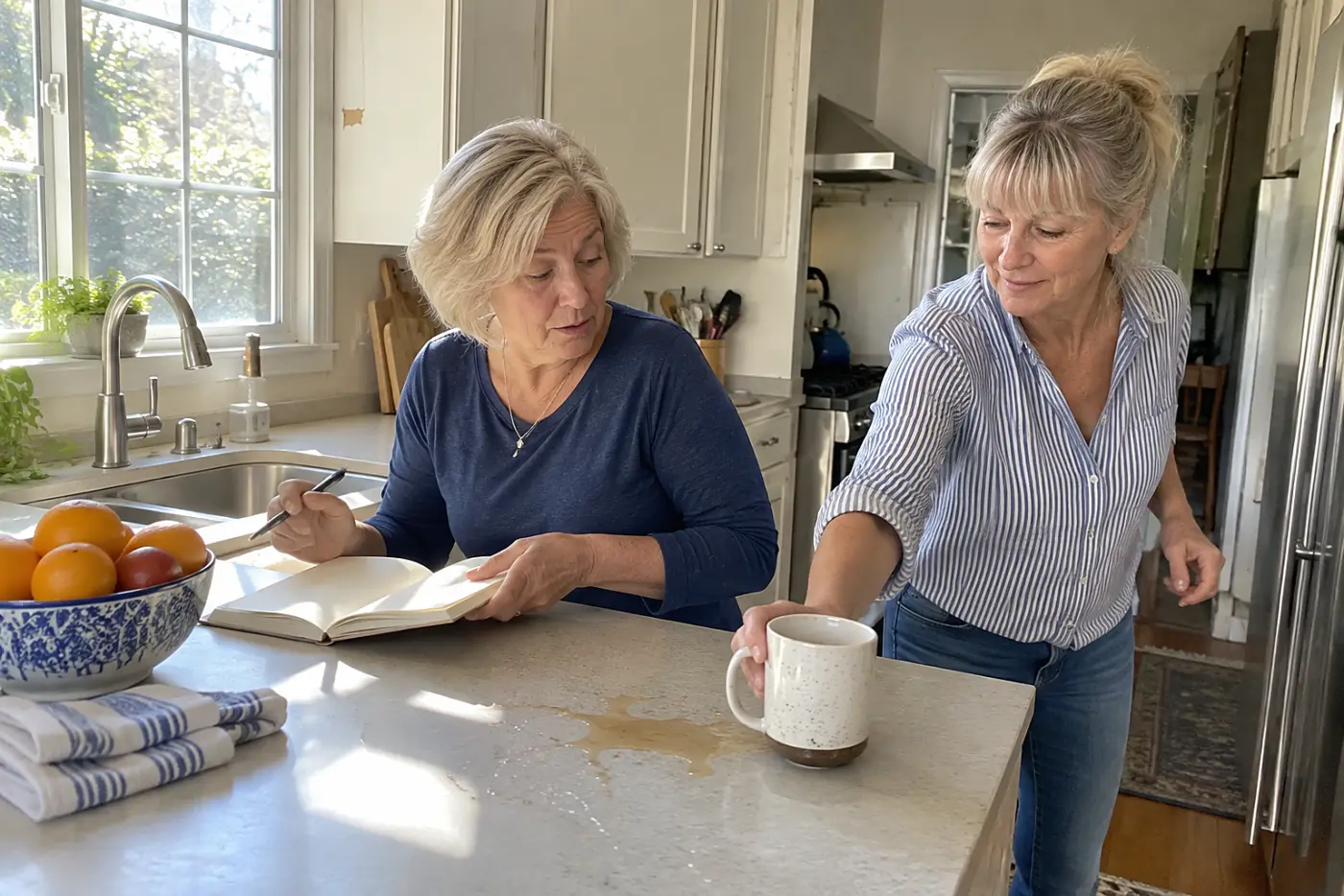 Older woman writing in a notebook at her kitchen counter.