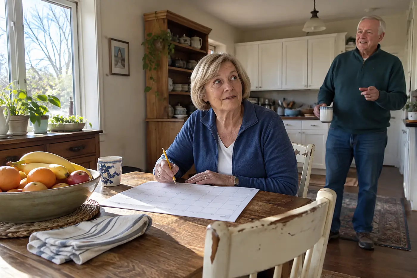 Older woman marking a paper calendar at her dining table.