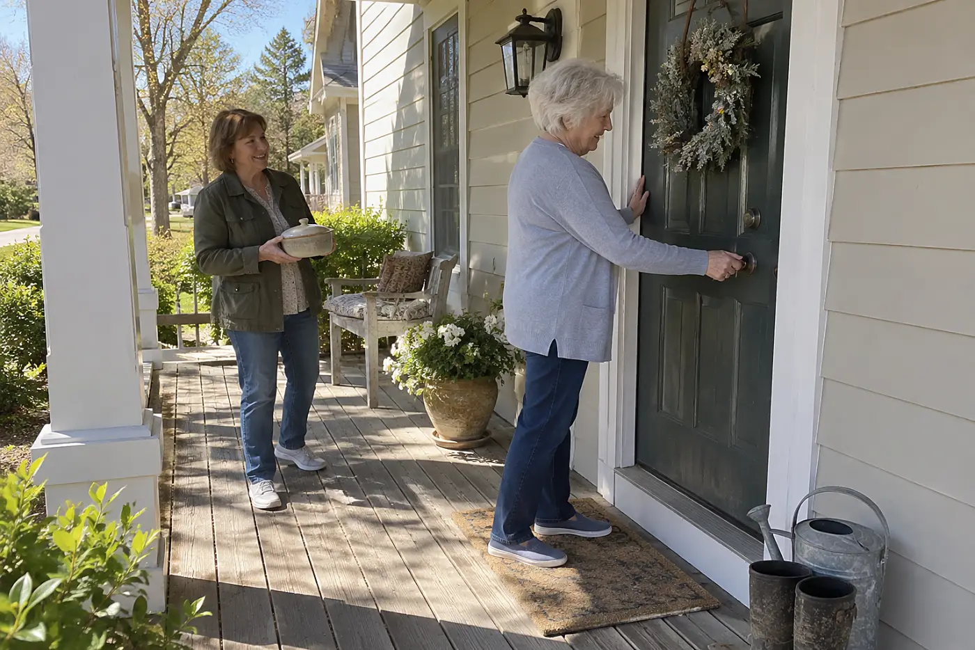 Older woman turning a key in her front door.