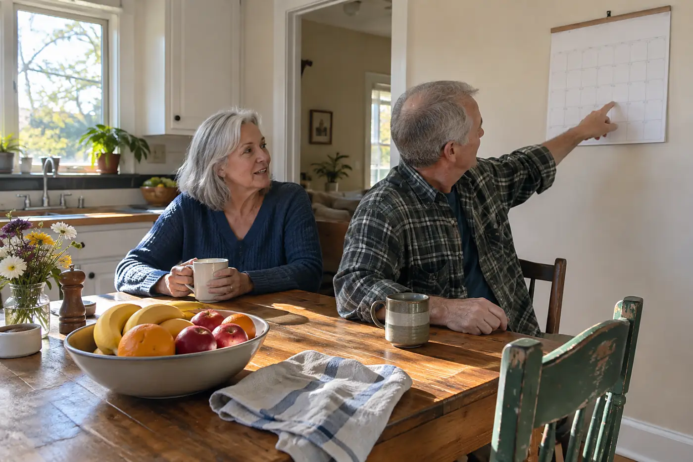 Older woman checking a wall calendar at her kitchen table.