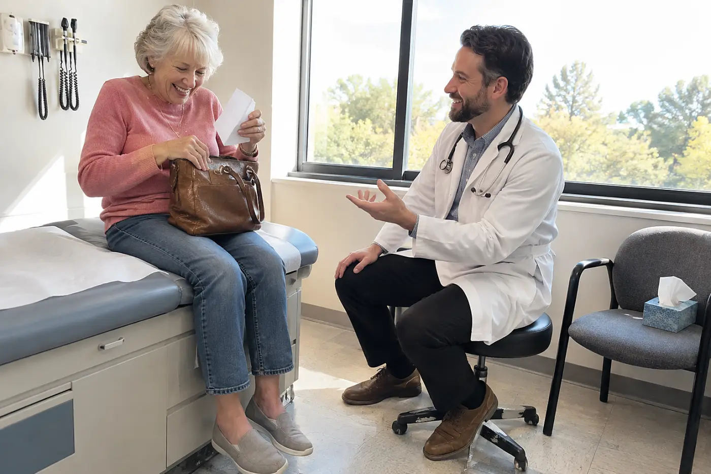 Older woman taking a folded note from her purse in an exam room.