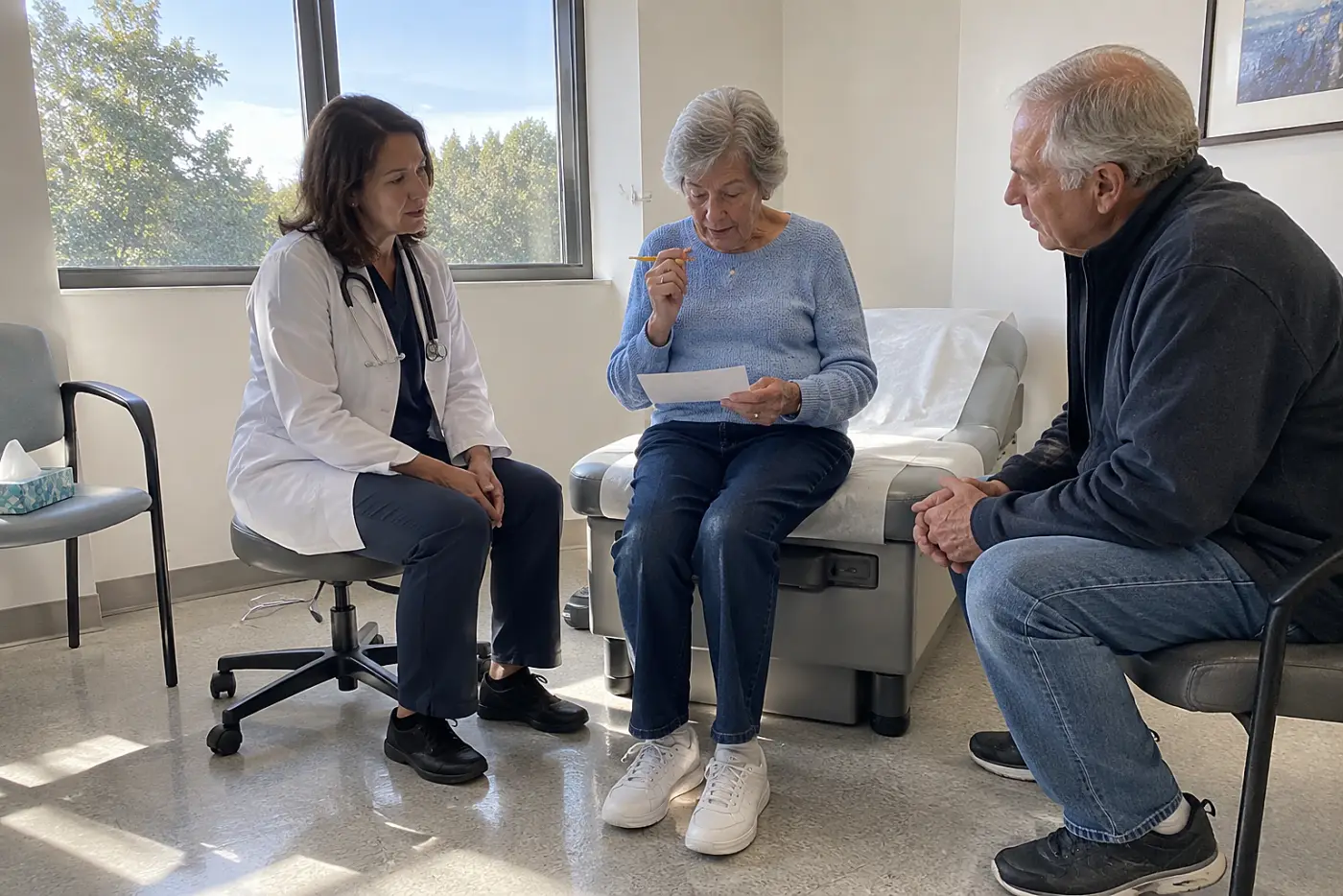 Older woman writing a follow-up phone number in an exam room.