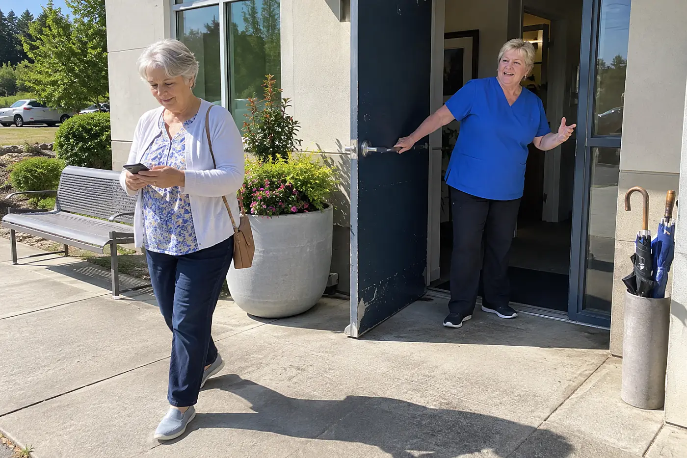 Older woman checking a follow-up date on her phone outside a clinic.