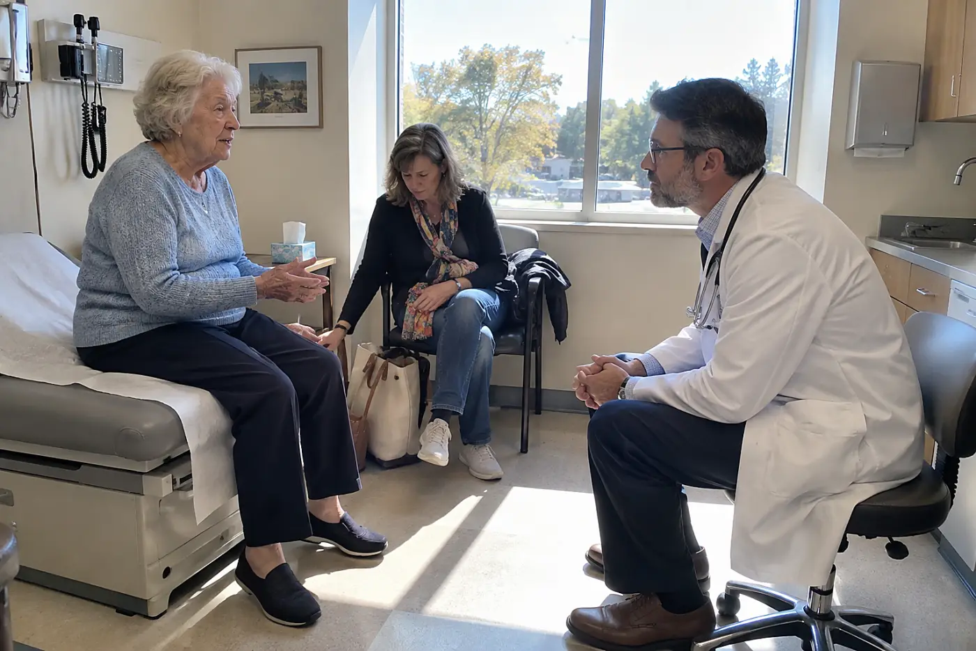 Older woman speaking to her doctor while her adult daughter sits beside her.