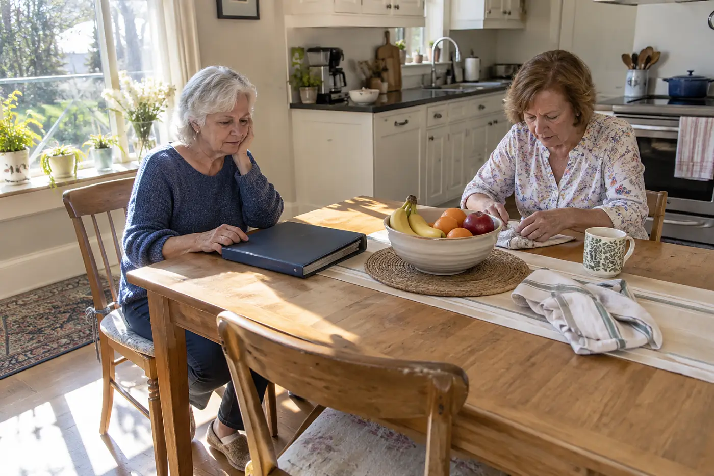 Older woman writing examples of memory changes at her kitchen table.