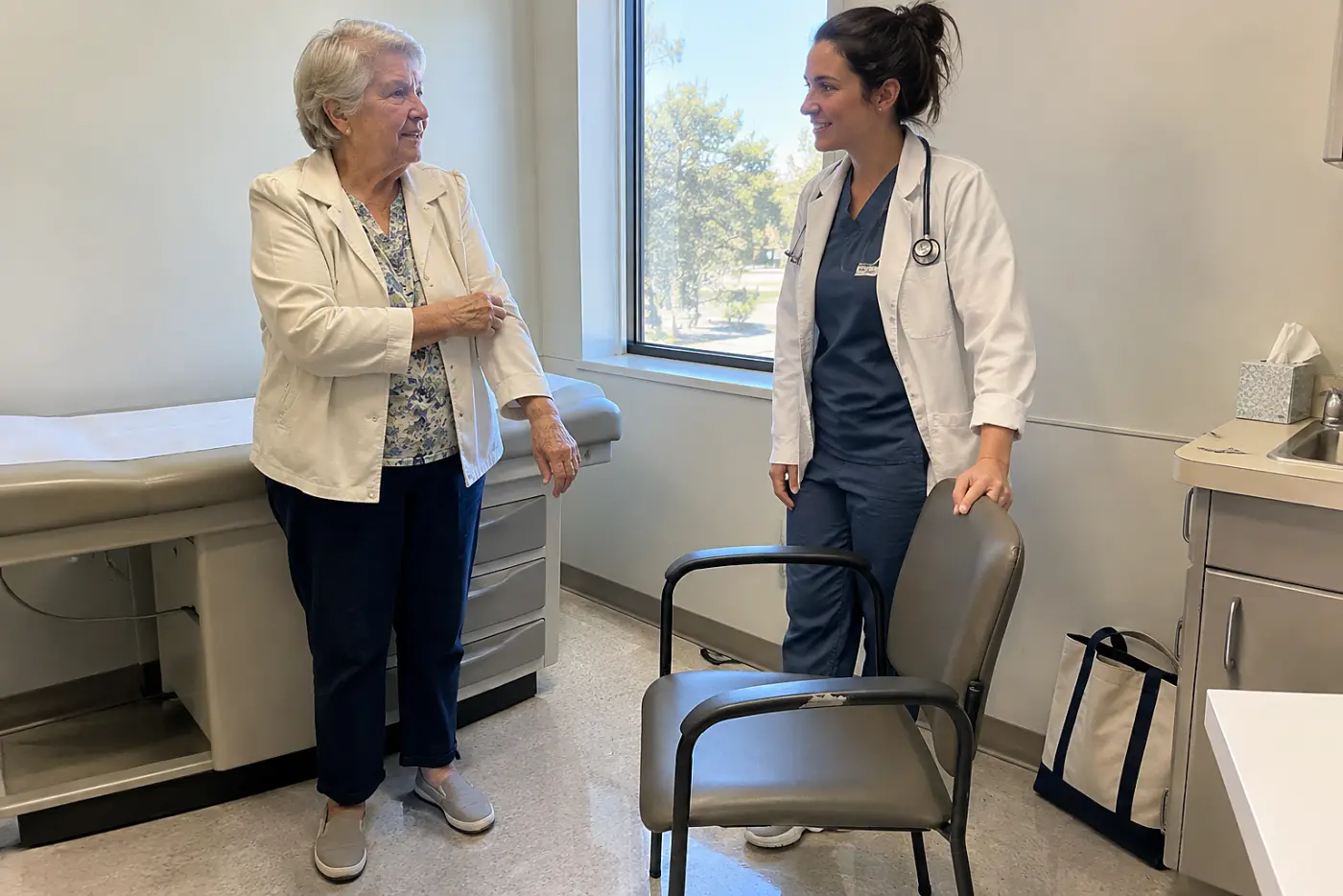 Older woman speaking with a clinician in a private exam room.
