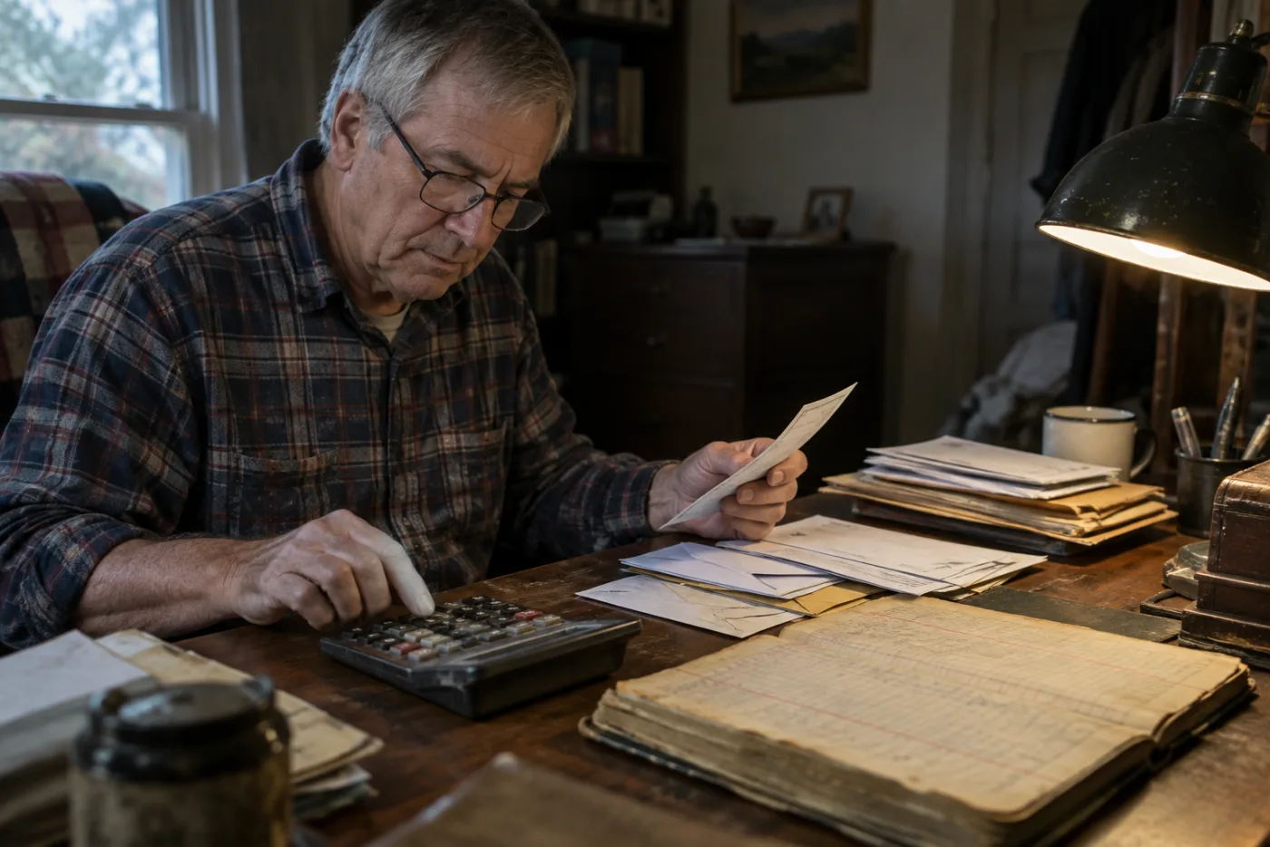 Man calculating paycheck deductions against benefits at a cluttered home desk