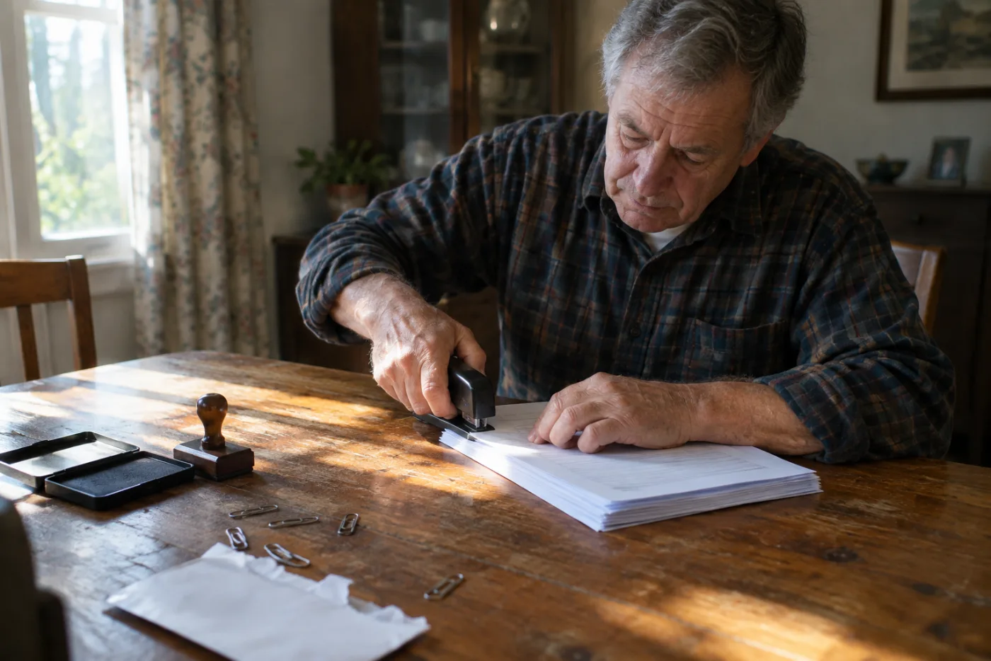 Man stapling paperwork together at a dining table with a rubber stamp nearby