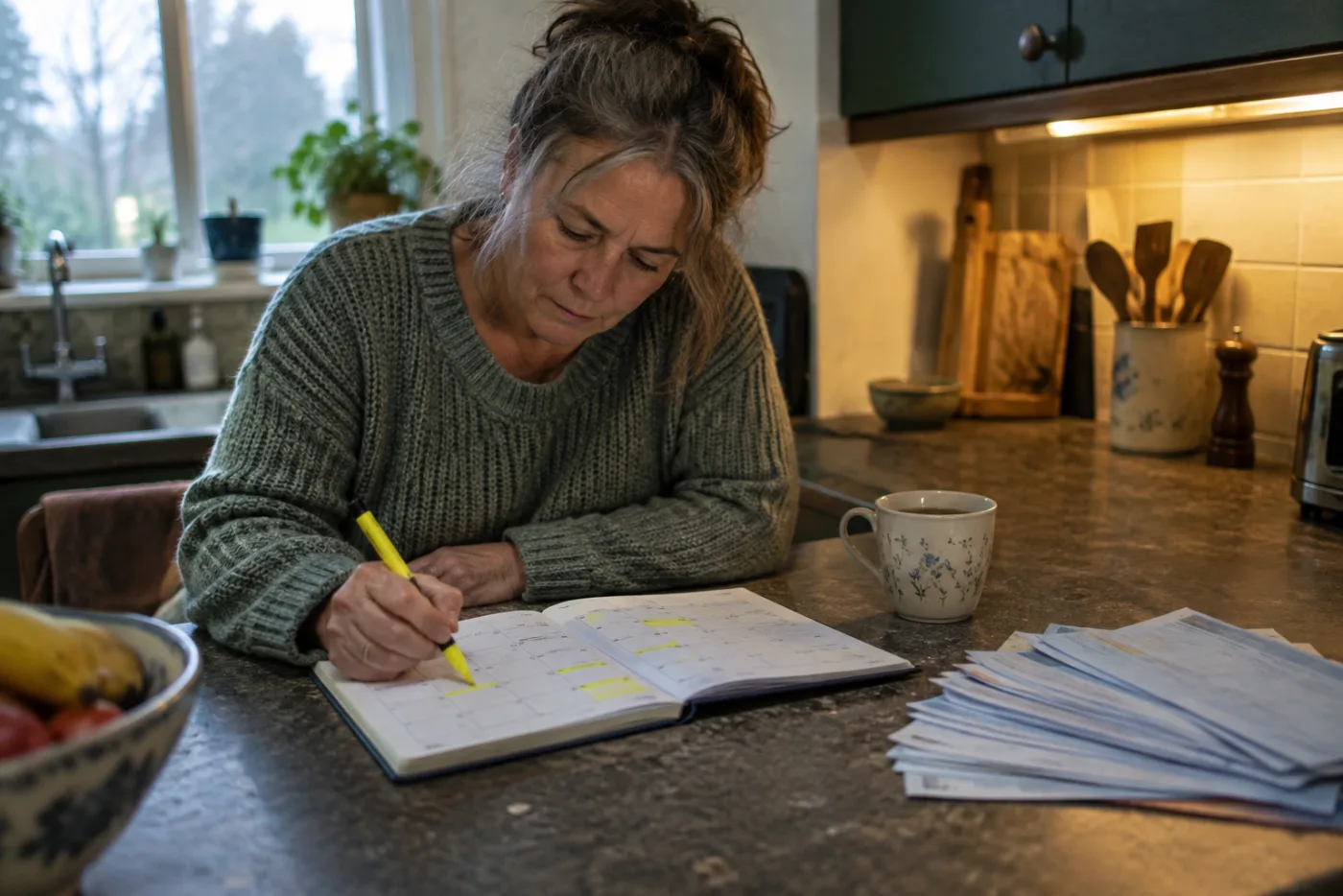 Woman highlighting specific months in a paper planner on a kitchen counter