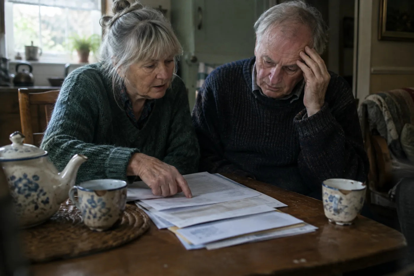 Couple reviewing a printed benefits statement together at a small table
