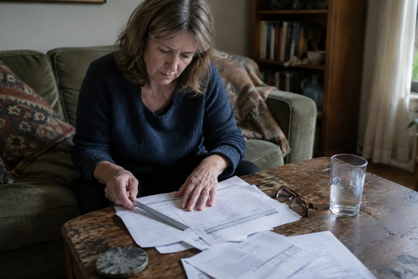 Woman underlining figures on multiple benefit letters spread across a coffee table