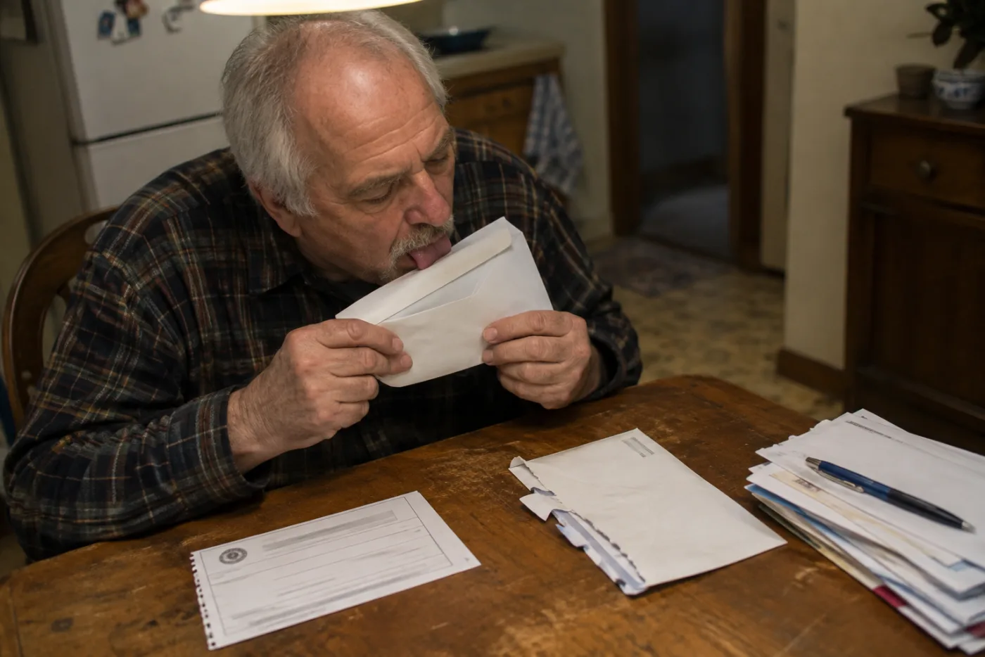 Man sealing an envelope with an official form on a kitchen table