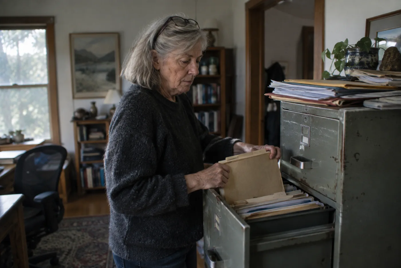 Woman pulling a worn folder from a filing cabinet in a home office