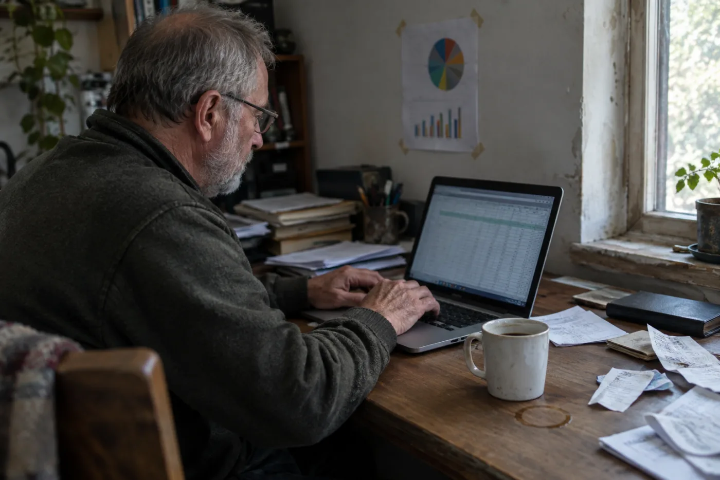 Man entering percentage figures into a laptop spreadsheet at a cluttered desk