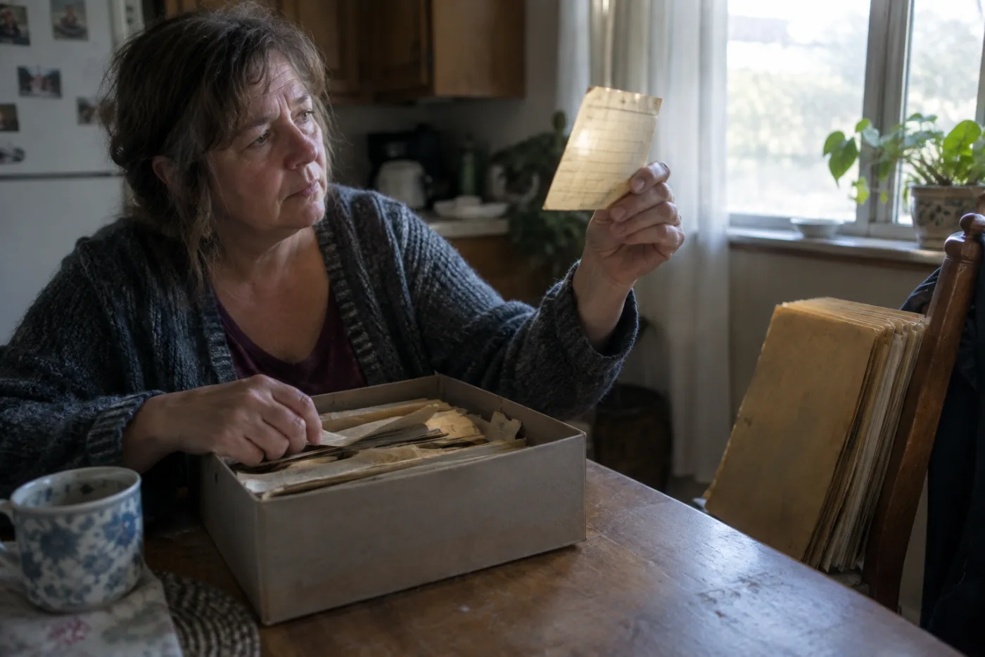 Woman examining a faded pay stub from a shoebox of old employment records