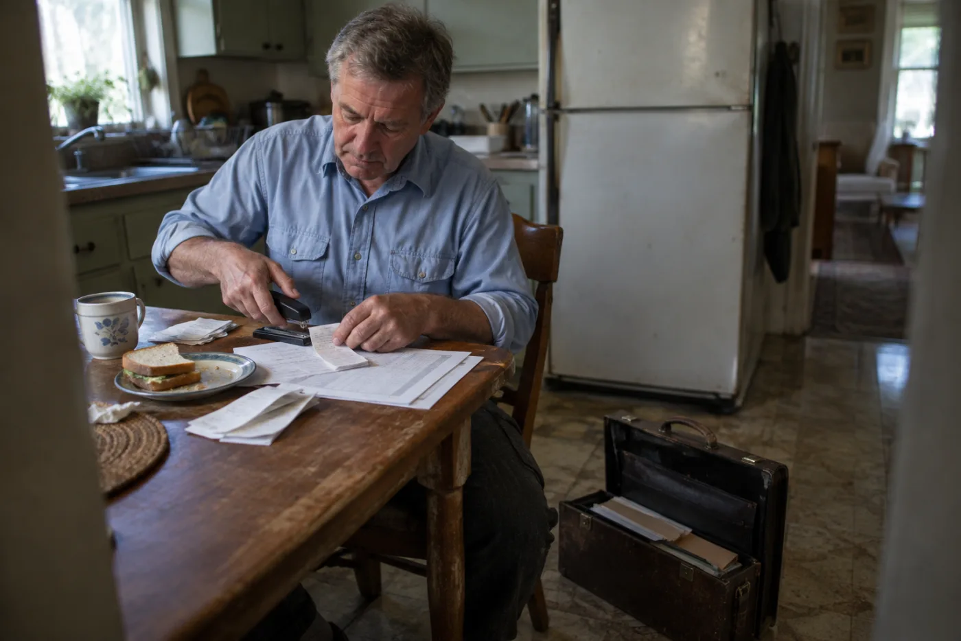 Man in work clothes stapling receipts to a tax worksheet at his kitchen table
