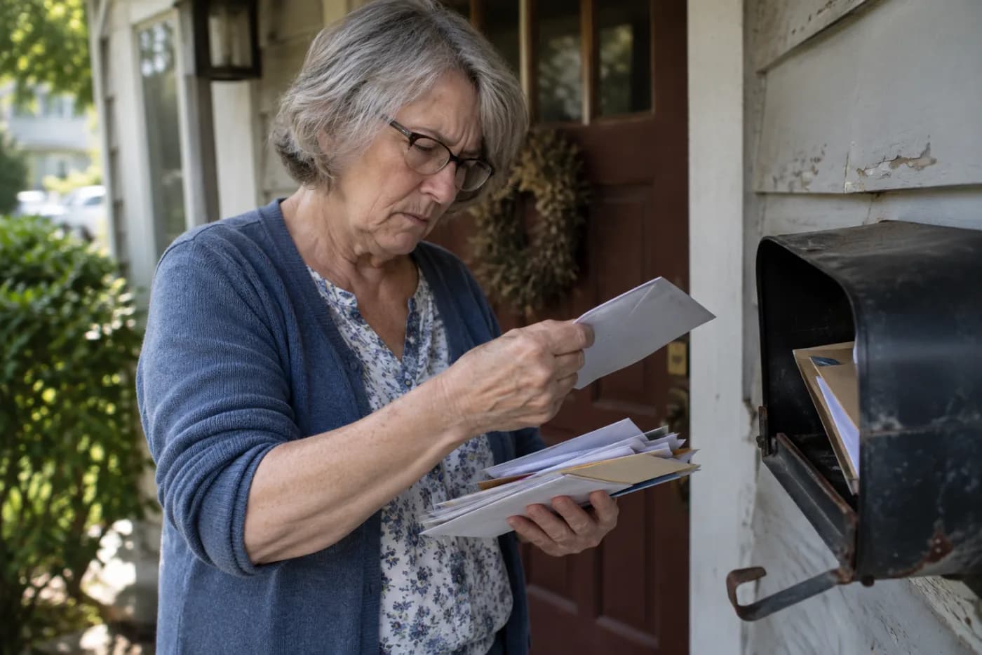 Woman sorting mail at her front door, pulling a thin envelope from the stack