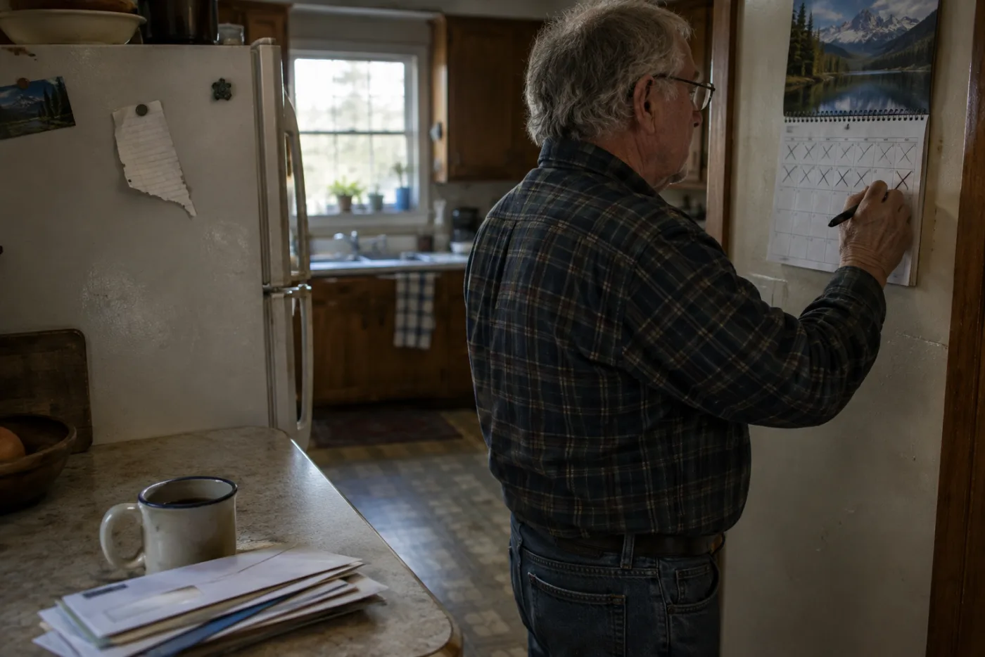 Man marking a date with an X on a kitchen wall calendar near unopened mail